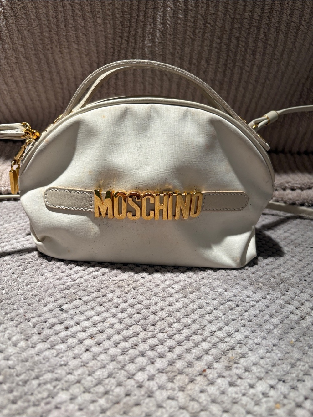 Moschino Cream Leather Logo Dome Crossbody Bag